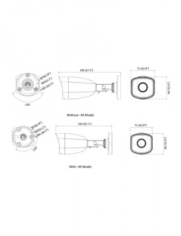 HIKVISION Hiwatch Bullet Compact IP Camera HWI-B121H-M 2MP IR30m 2.8mm/4mm/6mm H265 + POE Fixed Wide Angle Lens, dimensions