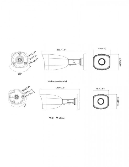 HIKVISION Hiwatch Bullet Compact IP Camera HWI-B121H-M 2MP IR30m 2.8mm/4mm/6mm H265 + POE Fixed Wide Angle Lens, dimensions